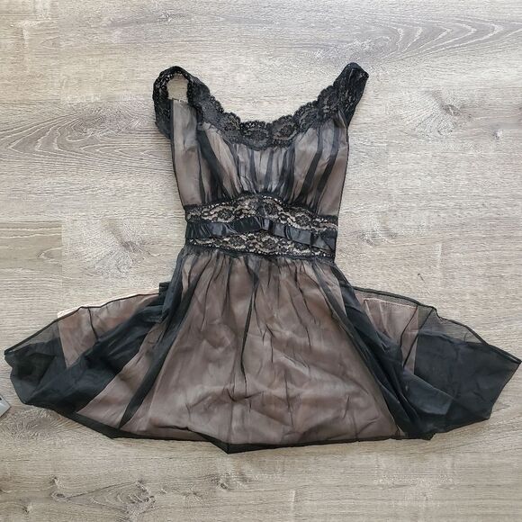 VANITY FAIR VINTAGE LINGERIE BABY DOLL NIGHTGOWN WOMEN Size 38 BLACK BLUSH PINK - Picture 13 of 13